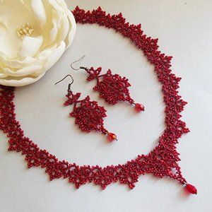 Red tatting jewelry set, seed beads, lace